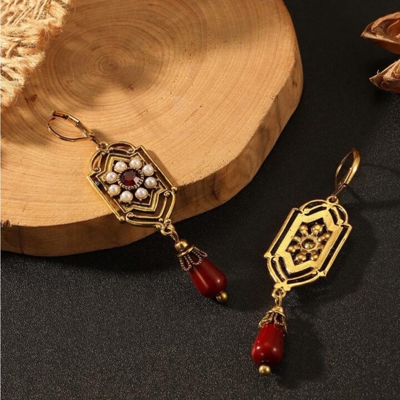 Chinese Red Fan Tassel Earrings - Ethnic Dangle Drop Pendant Jewelry For Women